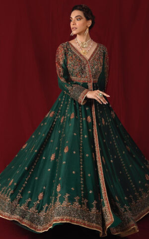 Green Mehndi Dress for Bride in Pishwas Frock Style