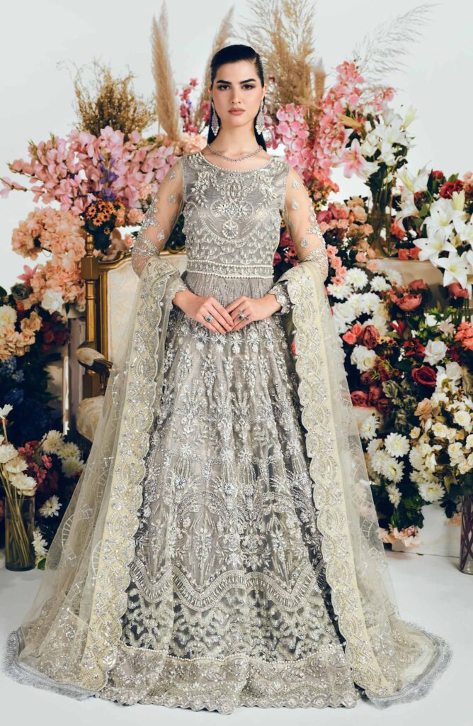 grey bridal dress pakistani Grey Bridal Dress Pakistani in Embroidered Gown Style