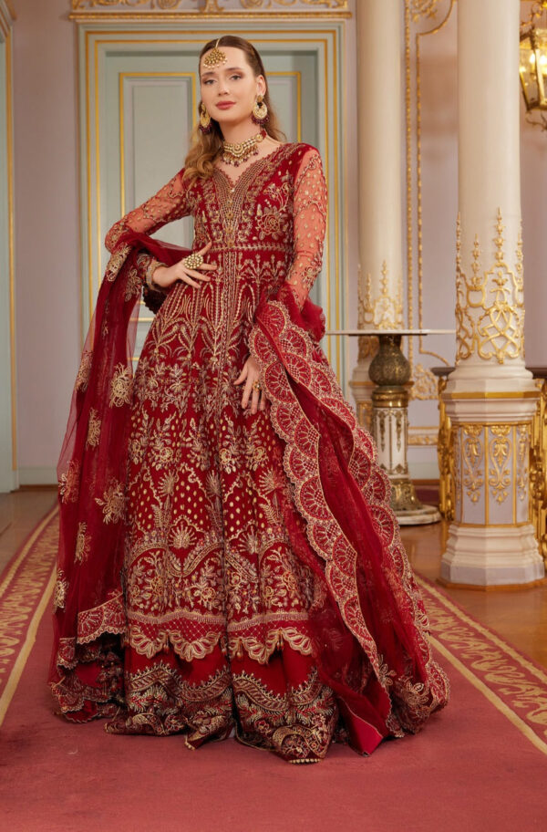 Royal Embroidered Pakistani Bridal Dress in Red Color