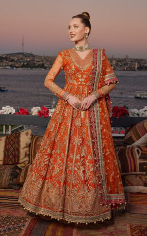 Royal Pishwas Frock Orange Dress Pakistani for Mehndi