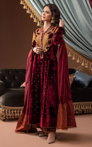 Golden Maroon Salwar Kameez Pakistani Wedding Dresses