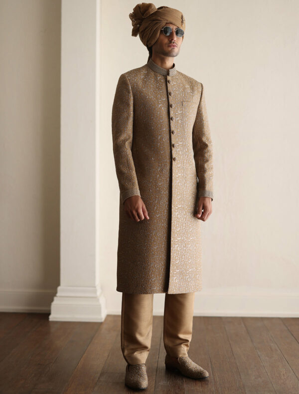 Antique Gold Embroidered Pakistani Groom Sherwani Outfit