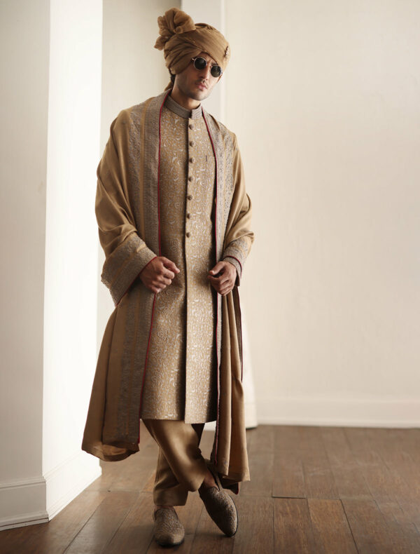 Antique Gold Embroidered Pakistani Groom Sherwani Wedding Outfit