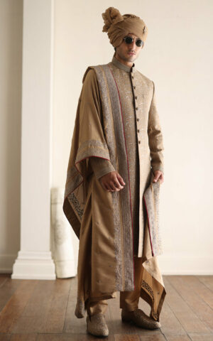 Antique Gold Embroidered Pakistani Sherwani Wedding Outfit