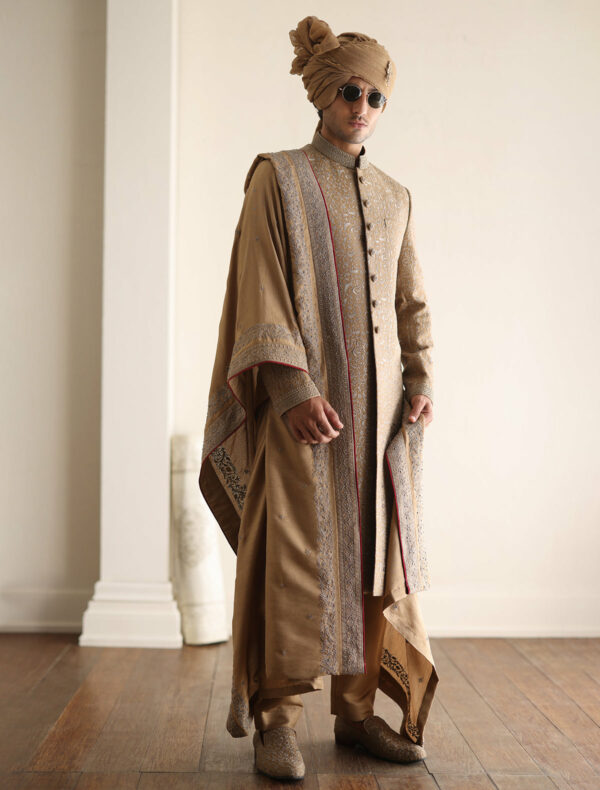 Antique Gold Embroidered Pakistani Sherwani Wedding Outfit