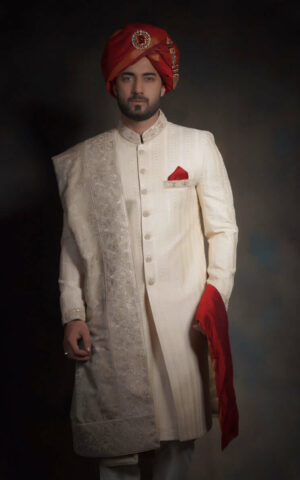 Beige Classic Pakistani Wedding Wear Groom Sherwani outfit