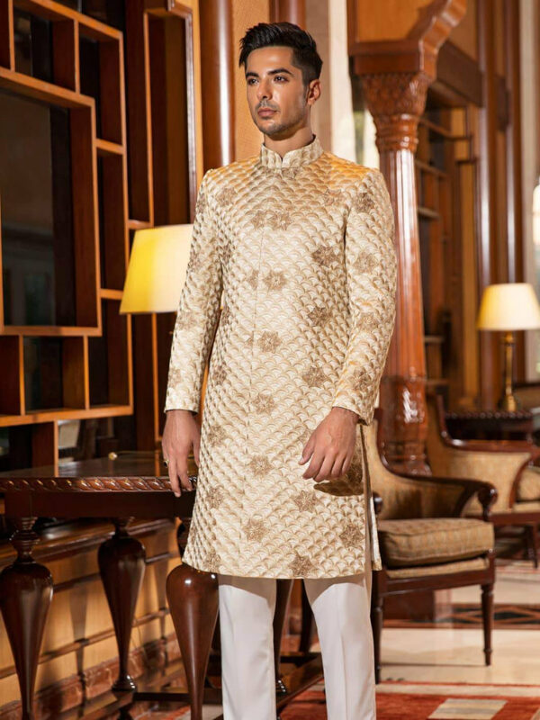 Beige Ombre Embroidered Pakistani Groom Sherwani