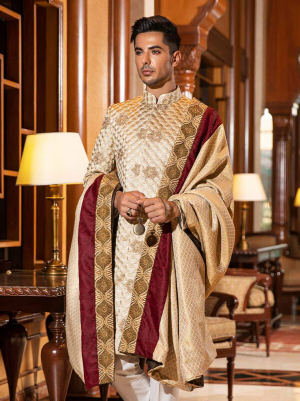 Beige Ombre Scallops Pakistani Groom Sherwani