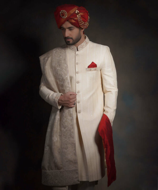 Beige Classic Pakistani Wedding Wear Groom Sherwani