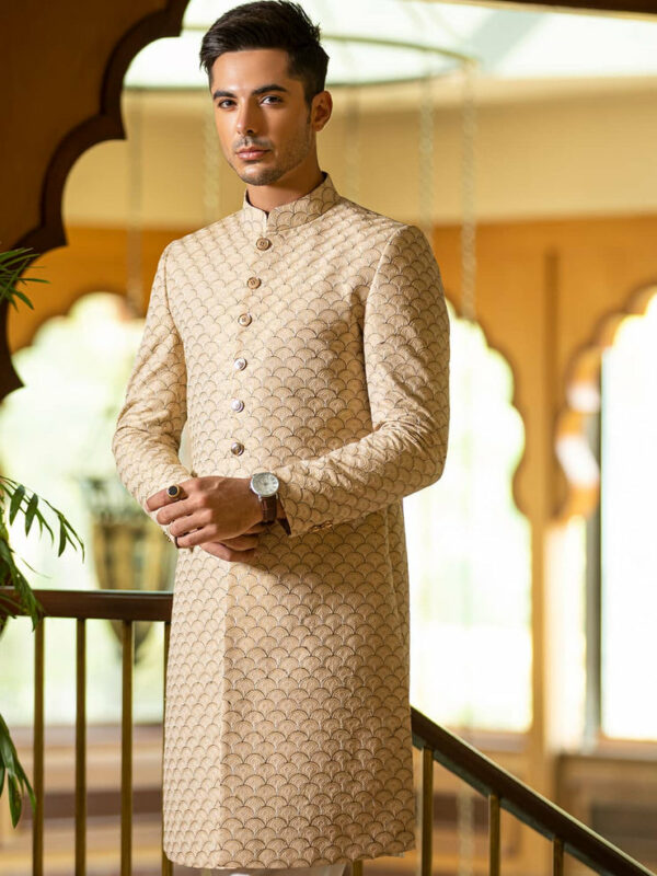 Beige Scallops Embroidered Pakistani Groom Sherwani