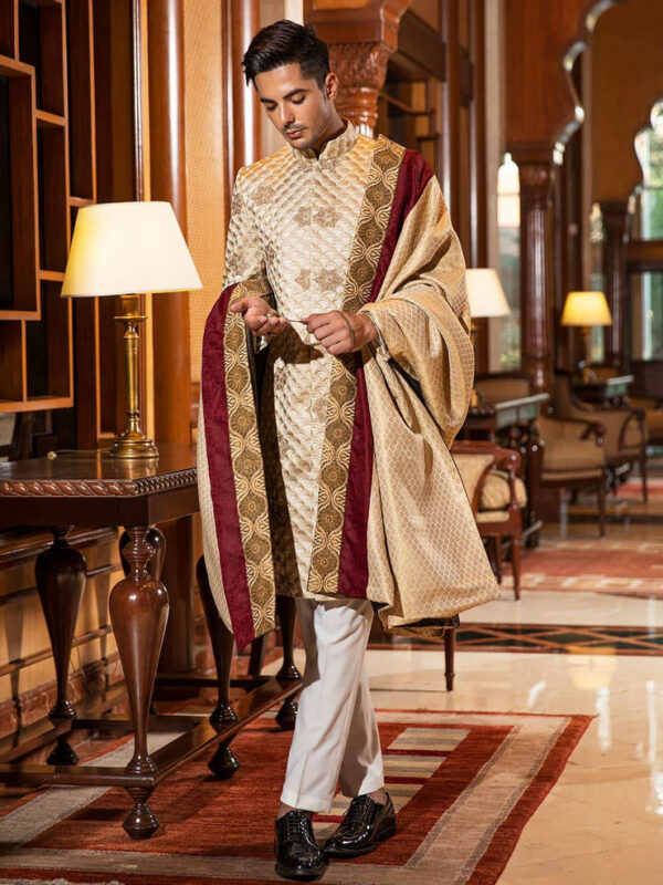 Beige Scallops Embroidered Pakistani Sherwani