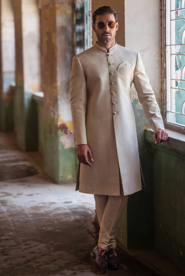 Beige Sherwani and Qulla Pakistani Groom Dress