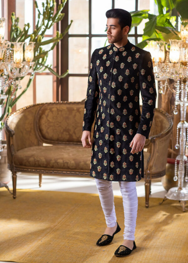 Black Embroidered Pakistani Wedding Wear Groom Sherwani