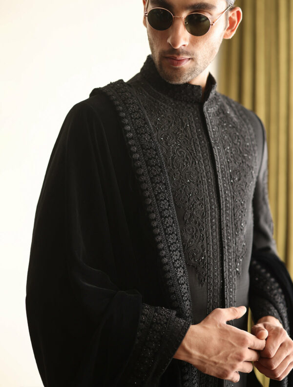 Black Embroidered Short Length Pakistani Wedding Sherwani