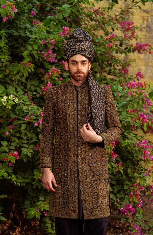 Black Heavily Embellished Gold Teal Pakistani Sherwani