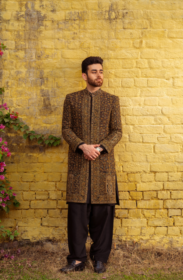 Black Heavily Embellished Gold and Teal Pakistani Sherwani