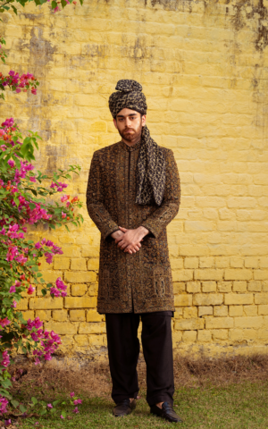 Black Heavily Embellished Teal Pakistani Sherwani