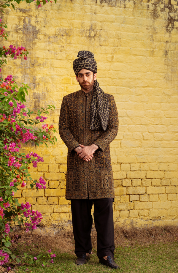 Black Heavily Embellished Teal Pakistani Sherwani