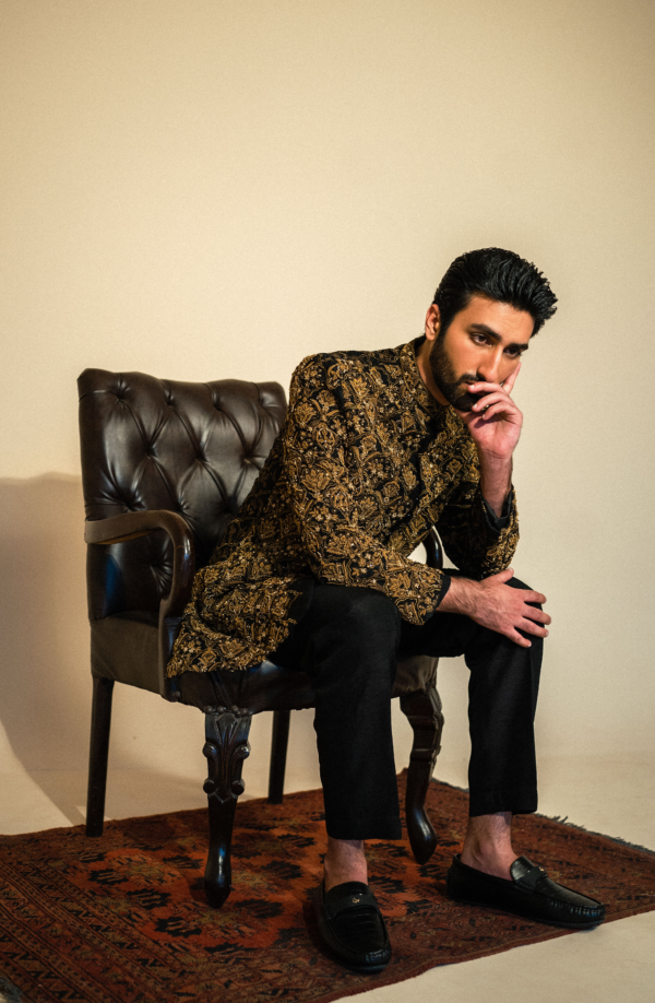 Black Paired Matching Kurta and Pants Pakistani Sherwani