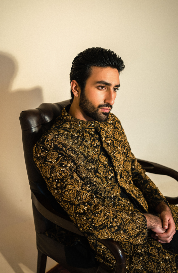 Black Paired with Kurta and Pants Pakistani Sherwani