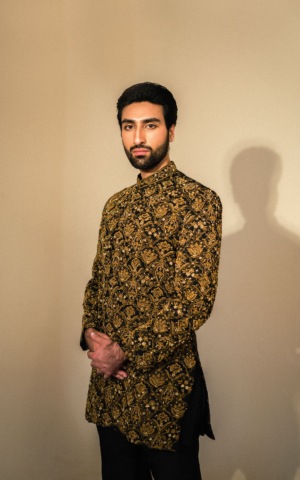 Black Paired with Matching Kurta and Pants Pakistani Sherwani