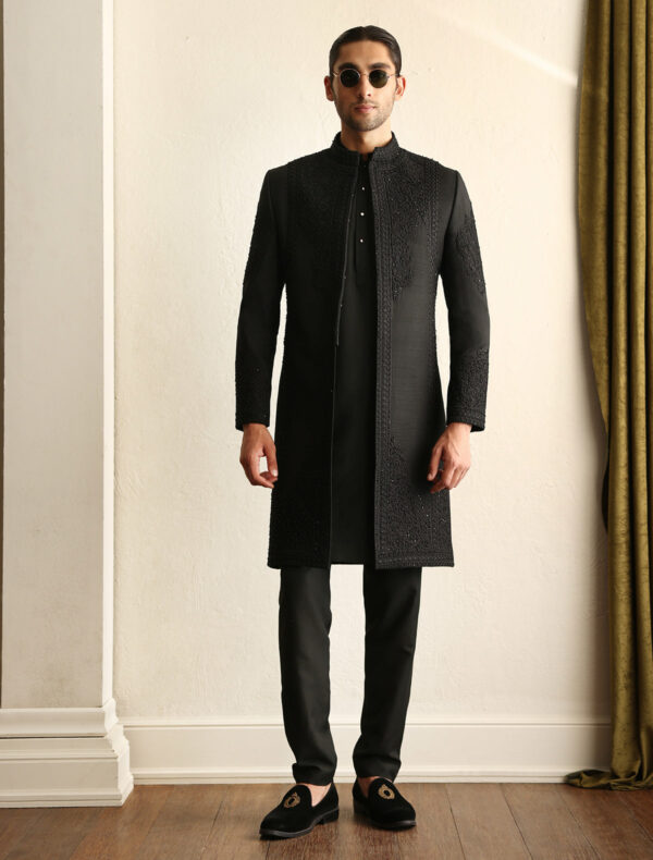 Black Self Embroidered Short Length Pakistani Sherwani