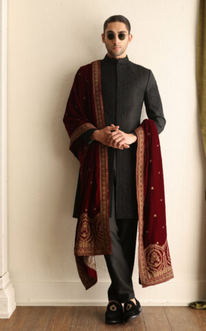 Black Self Embroidered Short Length Pakistani Wedding Sherwani