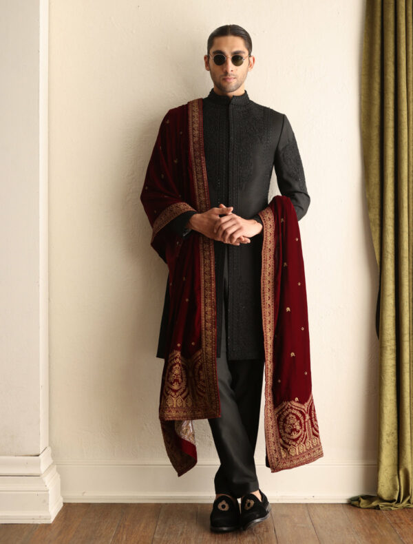 Black Self Embroidered Short Length Pakistani Wedding Sherwani