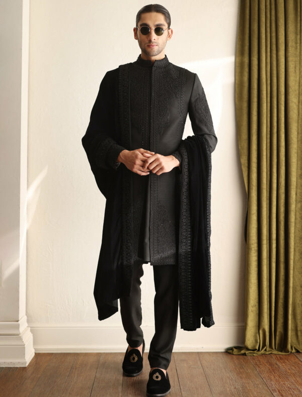 Black Self Embroidered Short Pakistani Wedding Sherwani