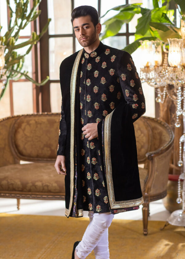 Black Velvet Embroidered Pakistani Wedding Groom Sherwani