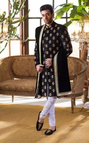 Black Velvet Embroidered Pakistani Wedding Wear Groom Sherwani