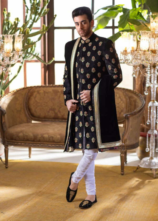 Black Velvet Embroidered Pakistani Wedding Wear Groom Sherwani