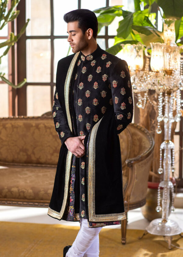 Black Velvet Embroidered Pakistani Wedding Wear Sherwani