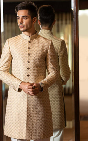 Classic Beige Scalloped Embroidered Pakistani Groom Sherwani