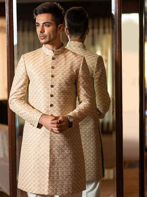 Classic Beige Scalloped Embroidered Pakistani Groom Sherwani