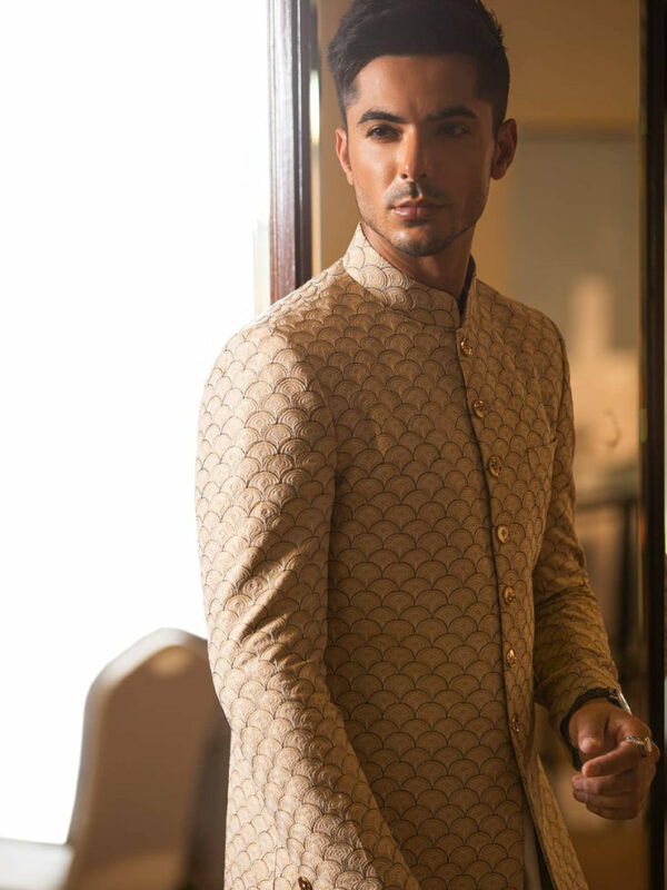 Classic Beige Scalloped Embroidered Pakistani Sherwani