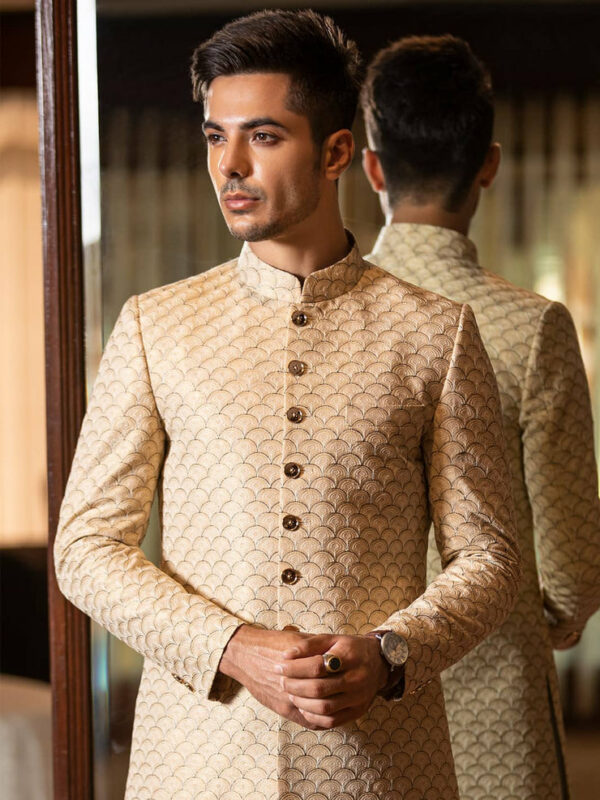 Classic Beige Scalloped Pakistani Groom Sherwani