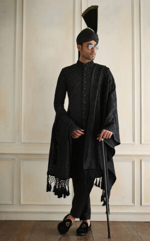 Classic Black Self Embroidered Pakistani Wedding Sherwani