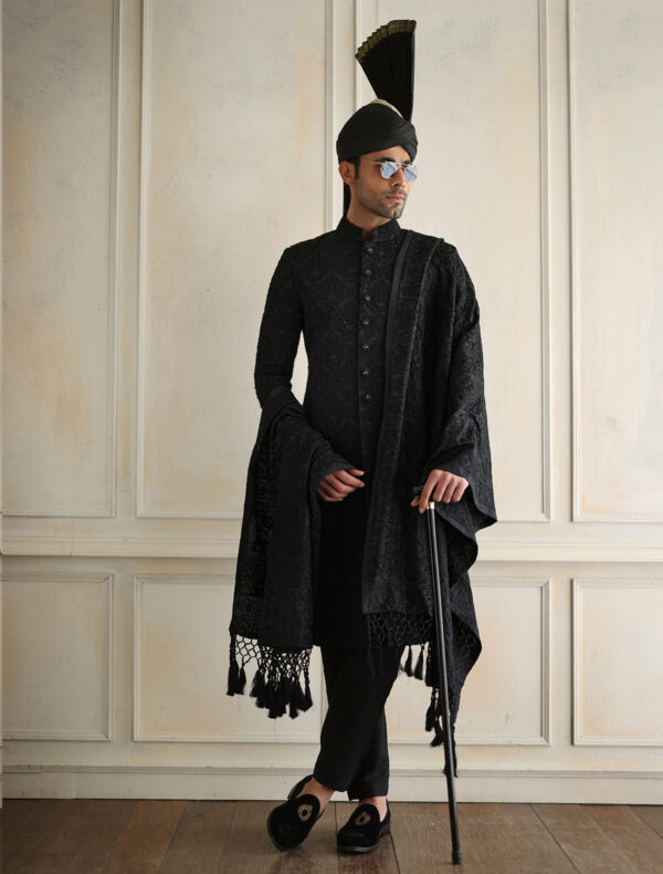 Classic Black Self Embroidered Pakistani Wedding Sherwani