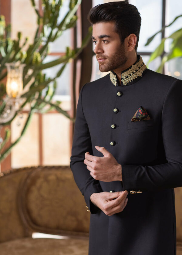 Classic Black Wedding Embroidered Pakistani Groom Sherwani