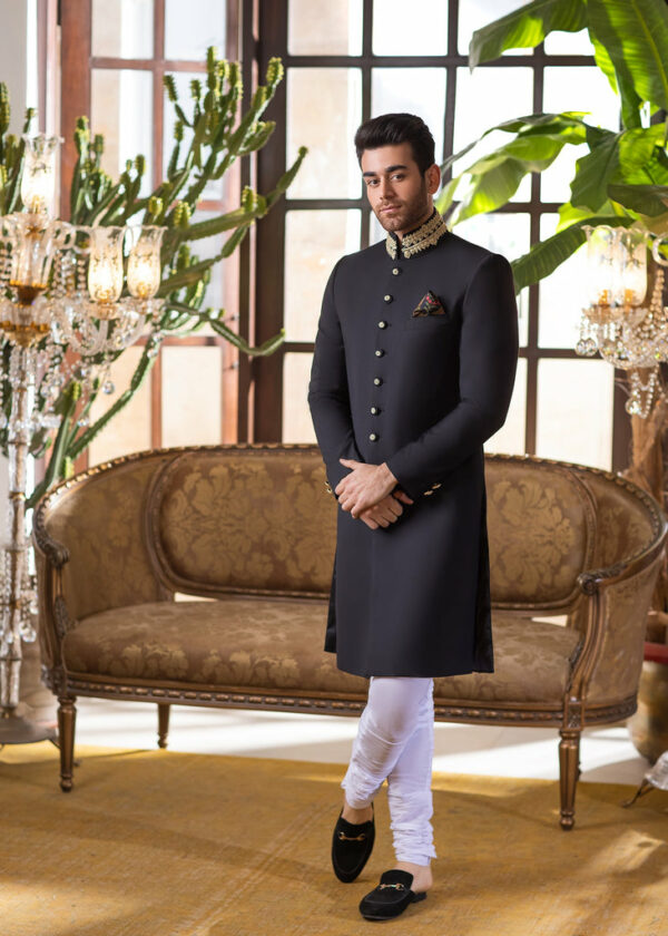 Classic Black Wedding Gold Embroidered Pakistani Groom Sherwani