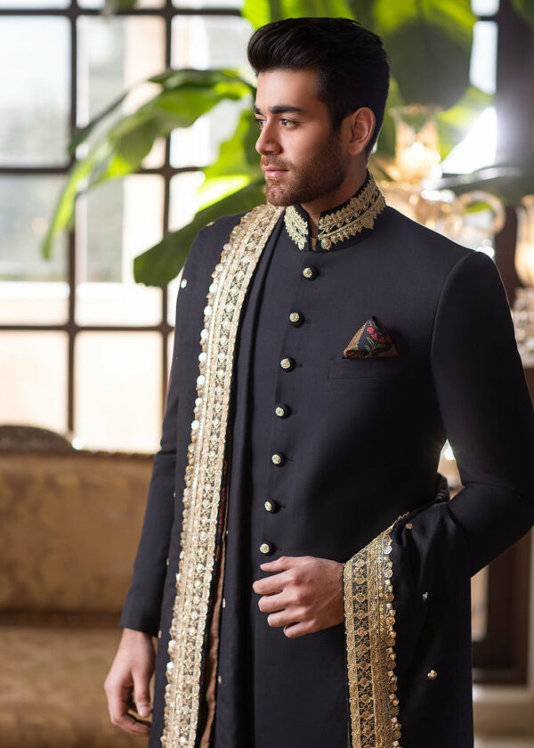 Classic Black Wedding Gold Embroidered Pakistani Sherwani