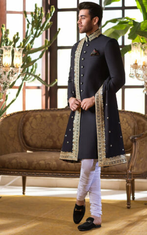 Classic Black Wedding Gold Pakistani Groom Sherwani