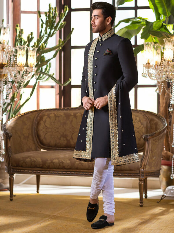 Classic Black Wedding Gold Pakistani Groom Sherwani