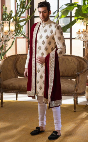 Classic Ivory Embroidered Raw Silk Pakistani Groom Sherwani