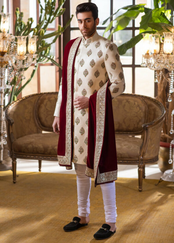 Classic Ivory Embroidered Raw Silk Pakistani Groom Sherwani