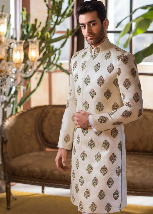 Classic Ivory Embroidered Silk Pakistani Groom Sherwani