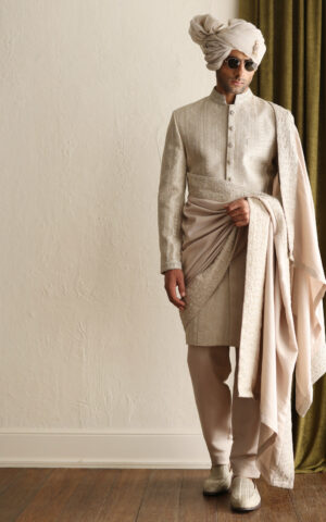 luxury Cream Self Embroidered Pakistani Groom Sherwani