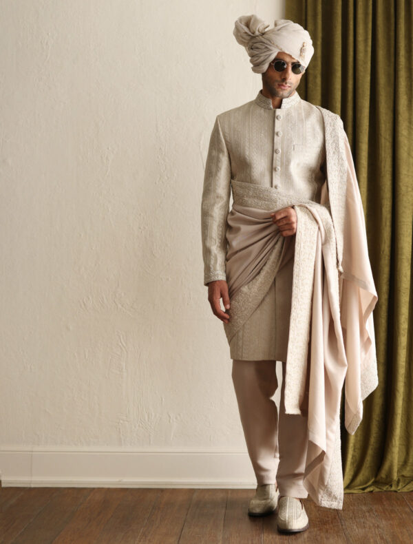 luxury Cream Self Embroidered Pakistani Groom Sherwani