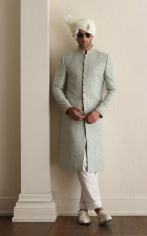 Classic Sea Foam Intricately Embroidered Pakistani Groom Sherwani